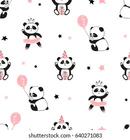 Seamless cute panda bears pattern. Vector background for kids design. 