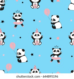 Seamless cute panda bears pattern. Vector blue  background for kids design.