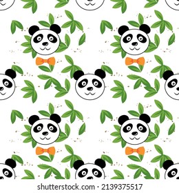 Seamless Cute panda face wearing bow tie with green bamboo leaves, pet animal in cartoon style. Funny baby kids print. Vector illustration isolated on white background
