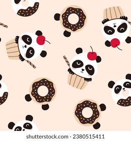 Seamless cute panda ice creams donuts pattern. Kawaii panda bear Kids sweet food seamless pattern for wrapping paper fabric and textile print. Vector illustration.