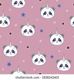 Seamless cute panda unicorn pattern for kids design.