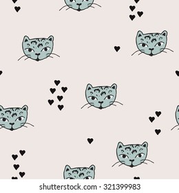 Seamless cute panther kitten cat head illustration and love hearts scandinavian style background pattern in vector mint 
