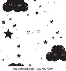 Seamless Cute Pastel Clouds and Stars Pattern for Baby Room Decor, Soft Backgrounds, or Dreamy Designs