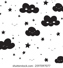 Seamless Cute Pastel Clouds and Stars Pattern for Baby Room Decor, Soft Backgrounds, or Dreamy Designs