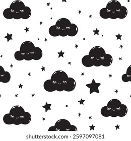 Seamless Cute Pastel Clouds and Stars Pattern for Baby Room Decor, Soft Backgrounds, or Dreamy Designs