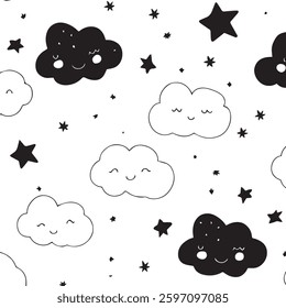 Seamless Cute Pastel Clouds and Stars Pattern for Baby Room Decor, Soft Backgrounds, or Dreamy Designs