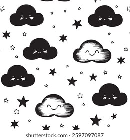 Seamless Cute Pastel Clouds and Stars Pattern for Baby Room Decor, Soft Backgrounds, or Dreamy Designs
