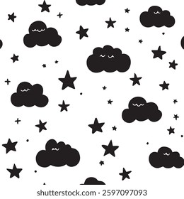 Seamless Cute Pastel Clouds and Stars Pattern for Baby Room Decor, Soft Backgrounds, or Dreamy Designs