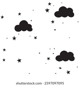 Seamless Cute Pastel Clouds and Stars Pattern for Baby Room Decor, Soft Backgrounds, or Dreamy Designs