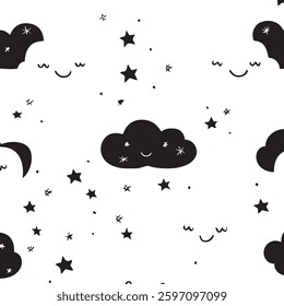 Seamless Cute Pastel Clouds and Stars Pattern for Baby Room Decor, Soft Backgrounds, or Dreamy Designs