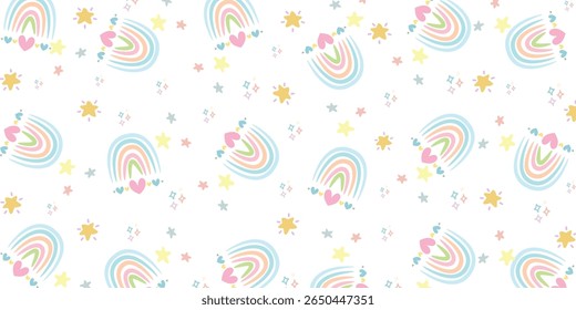 Seamless Cute Pastel Rainbow Pattern with Stars and Hearts. Designed with soft pastel colors, charming rainbows, hearts, stars, and sparkles, this seamless pattern is perfect for children’s designs.