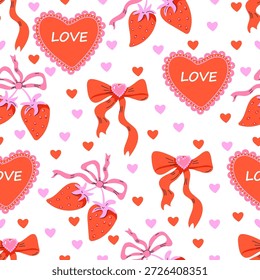 Perfeito padrão bonito sobre o amor em um estilo divertido. Ramo de morango, arcos e corações em um fundo branco nas cores vermelha e rosa. Design romântico, perfeito para o Dia dos Namorados, papel de embrulho, têxtil