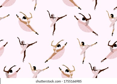 Seamless cute pattern with  African American and European ballet dancers ,young ballerinas in tutu and pointe shoes dancing individually on a white background. 