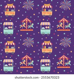 Seamless cute pattern with amusement park on purple backdrop. Fun fair vector colorful background in flat style