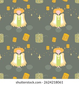 Patrón lindo inconsútil con los ángeles, linternas del aire, estrellas. Vector de dibujos animados para la ropa de los niños, embalaje, tarjetas de felicitación. Patrón con una niña, un pequeño ángel con las manos dobladas en la oración.