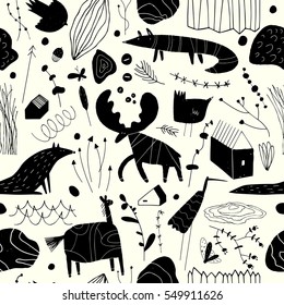 Seamless cute pattern with animals, plants, rocks and houses. Forest children's background can be used for your design.Textile, blog decoration, banner, poster, wrapping paper.