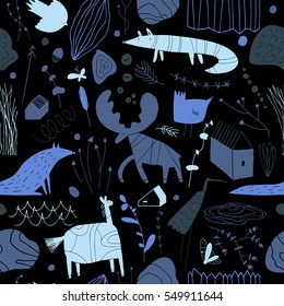 Seamless cute pattern with animals, plants, rocks and houses. Forest children's background can be used for your design.Textile, blog decoration, banner, poster, wrapping paper.