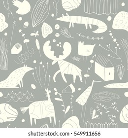 Seamless cute pattern with animals, plants, rocks and houses. Forest children's background can be used for your design.Textile, blog decoration, banner, poster, wrapping paper.