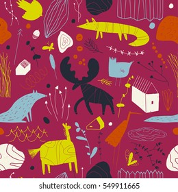 Seamless cute pattern with animals, plants, rocks and houses. Forest children's background can be used for your design.Textile, blog decoration, banner, poster, wrapping paper.