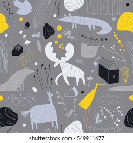 Seamless cute pattern with animals, plants, rocks and houses. Forest children's background can be used for your design.Textile, blog decoration, banner, poster, wrapping paper.