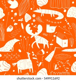 Seamless cute pattern with animals, plants, rocks and houses. Forest children's background can be used for your design.Textile, blog decoration, banner, poster, wrapping paper.