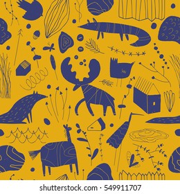 Seamless cute pattern with animals, plants, rocks and houses. Forest children's background can be used for your design.Textile, blog decoration, banner, poster, wrapping paper.