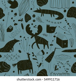 Seamless cute pattern with animals, plants, rocks and houses. Forest children's background can be used for your design.Textile, blog decoration, banner, poster, wrapping paper.