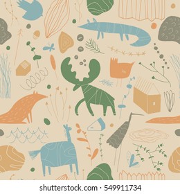 Seamless cute pattern with animals, plants, rocks and houses. Forest children's background can be used for your design.Textile, blog decoration, banner, poster, wrapping paper.