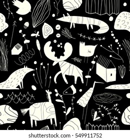 Seamless cute pattern with animals, plants, rocks and houses. Forest children's background can be used for your design.Textile, blog decoration, banner, poster, wrapping paper.