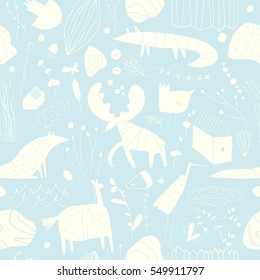 Seamless cute pattern with animals, plants, rocks and houses. Forest children's background can be used for your design.Textile, blog decoration, banner, poster, wrapping paper.