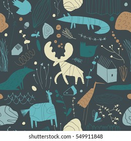 Seamless cute pattern with animals, plants, rocks and houses. Forest children's background can be used for your design.Textile, blog decoration, banner, poster, wrapping paper.