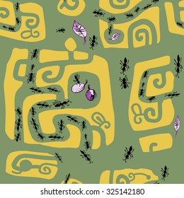 Seamless cute pattern with ant`s life. Hand drawn background.