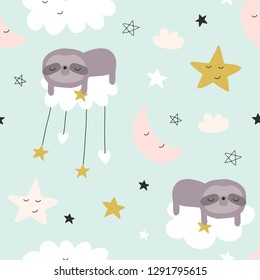 Seamless cute pattern for baby, kids, children. Clouds, moon, stars background. Scandinavian style for fabric, wallpaper, clothes, swaddles, apparel, planner, sticker