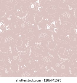 Seamless cute pattern of baby stuff. Hand drawn  seamless pattern of black and white color.This pattern can be used for cards, invitation for babies shower, postcards,  wrapping paper