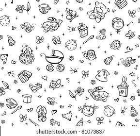 Seamless Cute Pattern Of Baby Stuff.