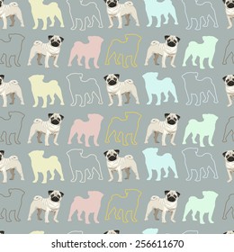  Seamless cute pattern background with colored pugs.