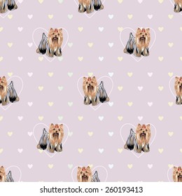  Seamless cute pattern background with yorkshire terrier & colored hearts.