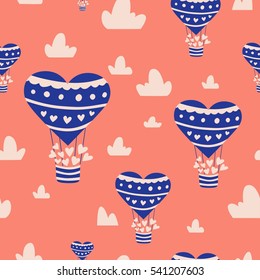 Seamless cute pattern with a balloon in the form of heart among the clouds. Overlapping background for your design.Textile, blog decoration, banner, poster, wrapping paper.