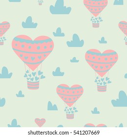 Seamless cute pattern with a balloon in the form of heart among the clouds. Overlapping background for your design.Textile, blog decoration, banner, poster, wrapping paper.