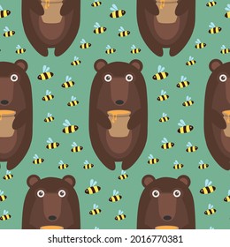 Seamless cute pattern, bear with honey and bees. Green background. Vector