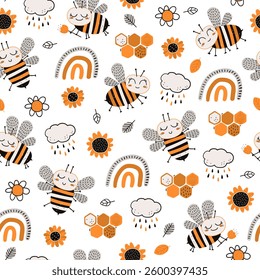 Seamless cute pattern with bees, rainbows, clouds, flowers, and honeycombs. Perfect for kids' products, textiles, wallpapers, scrapbooking, and digital projects.