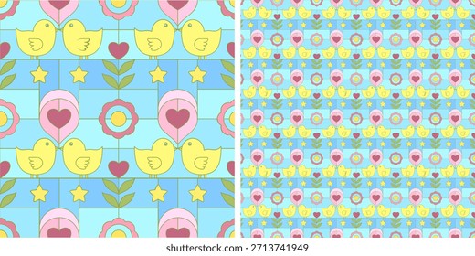 Seamless cute pattern with birds, hearts, flowers, and stars in soft pastel colors. Ideal for kids designs, nursery decor, textiles, and playful backgrounds.
