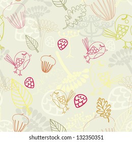 Seamless cute pattern with birds and leaves on a light background