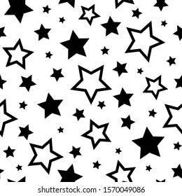 Seamless cute pattern with black stars on white background. Vector illustration. Magic fireworks. Bright Stardust background. Constellation. 