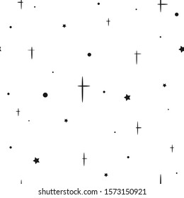 Seamless cute pattern with black stars on white background. Vector illustration. Magic fireworks. Bright Stardust wallpaper Constellation. Night sky ornament