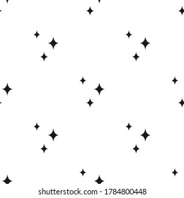 Seamless cute pattern with  black stars or sparkles on white background. Vector illustration. Magic fireworks. Bright Stardust background. Constellation. 