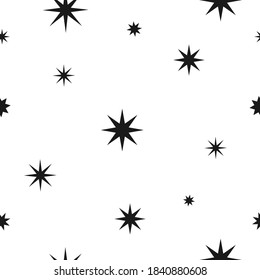 Seamless cute pattern with  black stars or sparkles on white background. Vector illustration. Magic fireworks. Bright Stardust background. Constellation. 