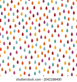 Nahtlose, süße Muster mit hellen bunten Regentropfen auf weißem Hintergrund.  Regenwetter Himmelsdesign in Vektorgrafik.