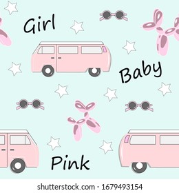 Seamless cute pattern in bright colors. pink car on a blue background. inventions on a T-shirt, pillow, notebook