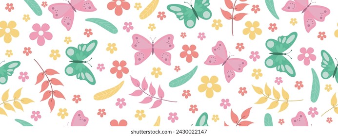 Seamless cute pattern with butterflies and flowers in pastel colors. Vector.